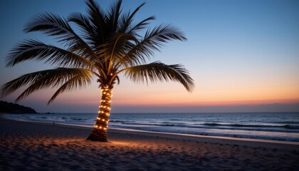 Obraz premium Relaxing sunset beach scene with palm tree coastal environment serene viewpoint nature beauty