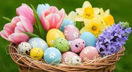 Fototapeta premium Easter eggs with tulips, and daffodils basket.