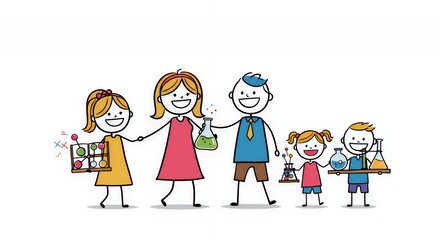 Colourful Stick Figure Family Going to a Science Fair