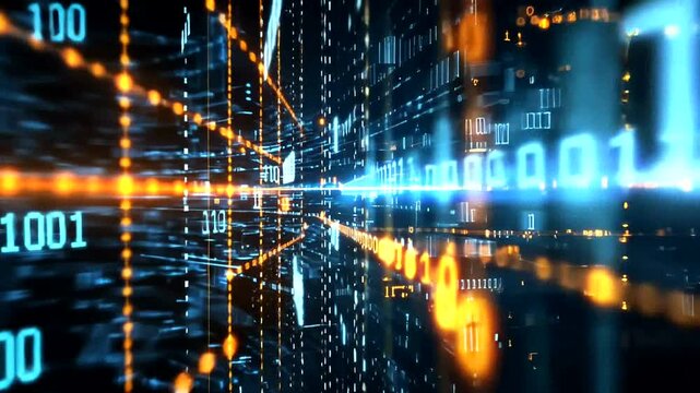 Digital stream with binary codes, luminous lines, bright dots and patterns in a complex system