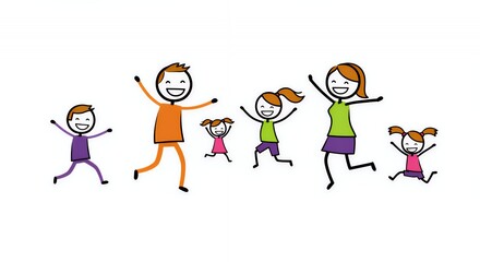 Naklejka premium Colourful Stick Figure Family Jumping on Trampoline Park White Background