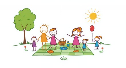 Fototapeta premium Colourful Stick Figure Family Picnic in Backyard