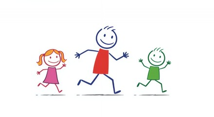 Colourful Stick Figure Family Playing Tag on White Background