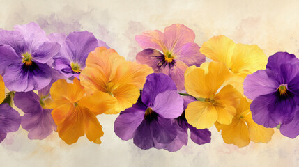 A macro-style digital painting of spring field flowers, centered on purples, lavenders