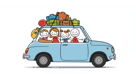 Colourful Stick Figure Family Road Trip Illustration