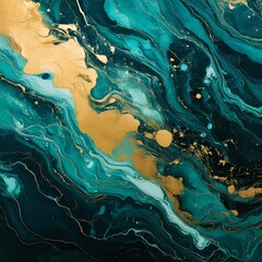 Fototapeta premium Acrylic Fluid Art. Dark green waves in abstract ocean and golden foamy waves. Marble effect