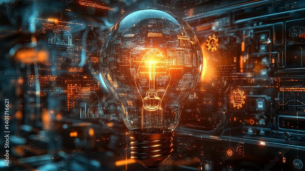 Poster a futuristic lightbulb illuminating digital data streams, symbolizing innovation in technology.