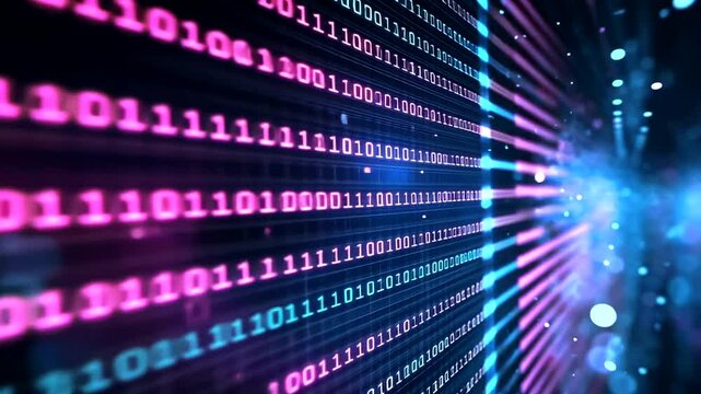 A digital display of binary code illuminates. Rows and columns of glowing blue and pink numbers