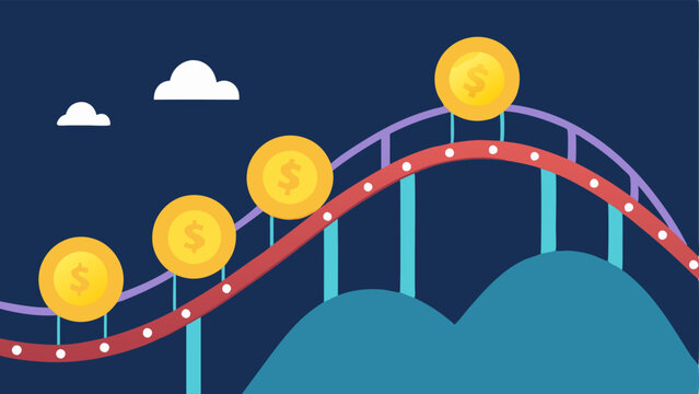 Market Volatility An image of a rollercoaster track with digital coins riding along it representing the ups and downs of cryptocurrency prices in a trading environment.
