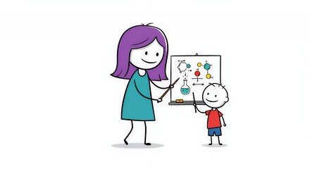 Colourful Stick Figure Mom Helping Child with Science Project