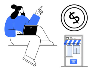 Woman working on laptop, pointing upward beside storefront and dollar sign symbol. Ideal for e-commerce, online marketplace, digital economy, entrepreneurship, financial strategy, innovation