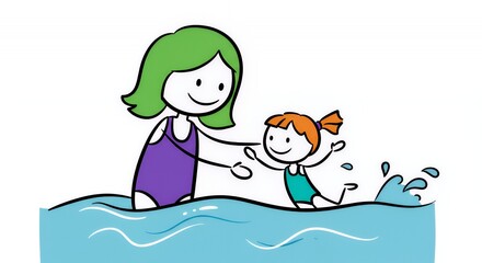 Colourful Stick Figure Mom Teaching Child to Swim in Pool