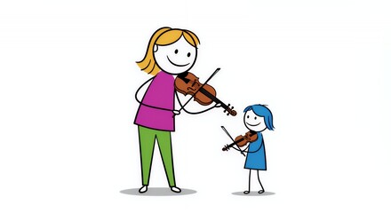 Colourful Stick Figure Mom Teaching Child Violin on White Background
