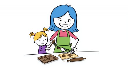Colourful Stick Figures Baking Cookies: Mother and Daughter