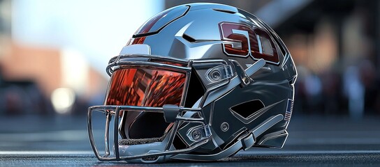 Silver American football helmet with orange visor and number 50, rests on a surface with blurred city background.