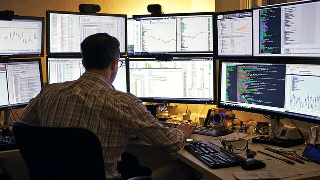 Man sits at desk amidst array of computer screens, analyzes finance data