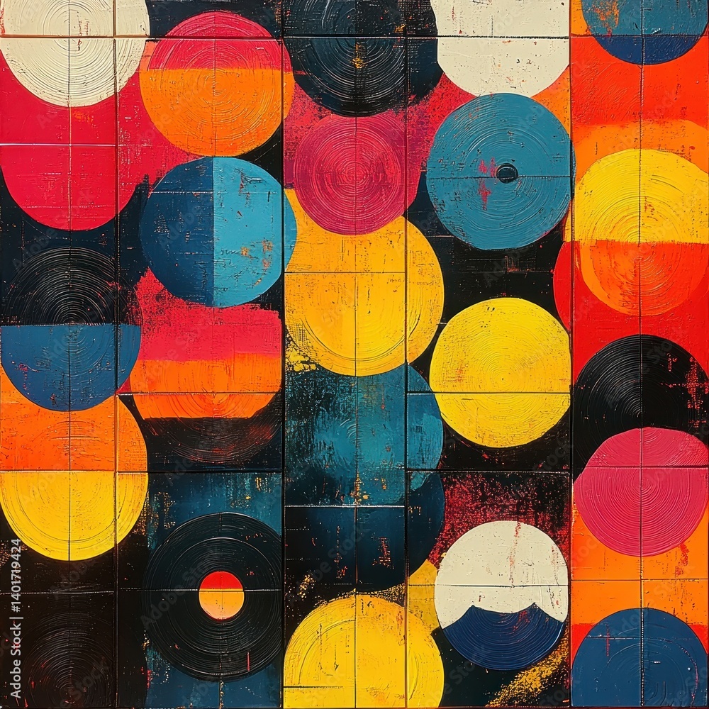 Aufkleber vibrant abstract geometric collage with circular patterns and 3d paper forms
