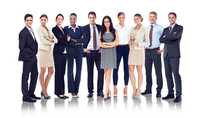 Obraz premium Business people, portrait and team for collaboration, partnership or isolated on white studio background. Corporate, teamwork or staff with success, group project or executives for company management