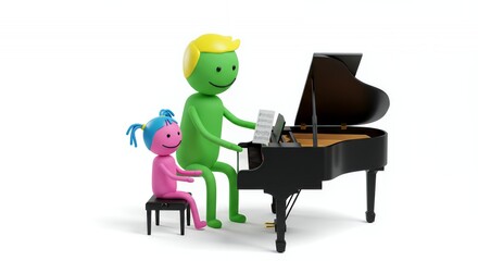 Green And Pink Stick Figures Learning Piano on White Background