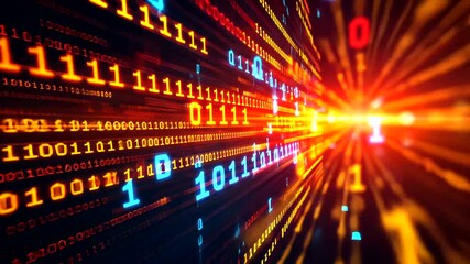 Numeric code stream with binary elements converging at bright central point, dark background