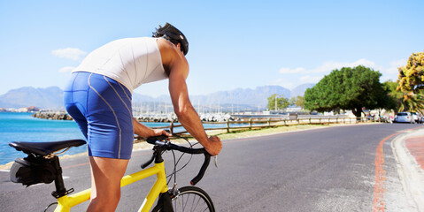 Cycling, sports or man on bicycle travel, morning trip or journey for outdoor fitness, exercise or...