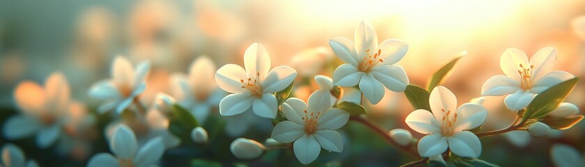 Fototapeta premium Soft focus image of white blossoms basking in sunlight. A serene floral scene with a dreamy aesthetic.