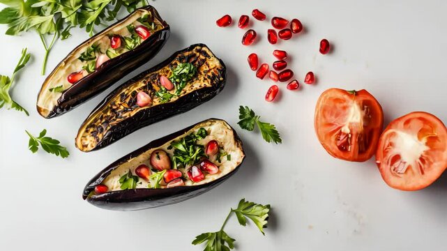 Rotating view of stuffed eggplants with fresh vegetables and pomegranate seeds on white surface