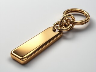 Golden Keychain with Rectangular Tag on White Background, Photorealistic Style
