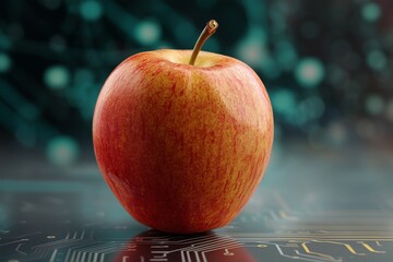 Red Apple on Futuristic Digital Circuit Background