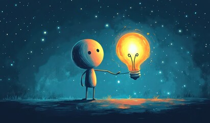 Confused Stick Figure with Tangled String Connected to a Light Bulb
