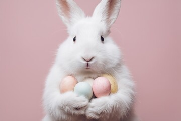 White Bunny Holding Colorful Easter Eggs