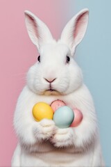 White Bunny Holding Colorful Easter Eggs