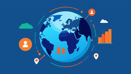 Fototapeta premium Global Market Data Visualization An illustration showing a globe surrounded by financial market trends and AI algorithms analyzing global investment opportunities.