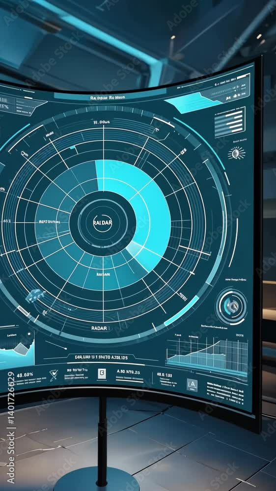 Poster display shows intricate radar system with detailed data, charts and figures on a curved monitor stan
