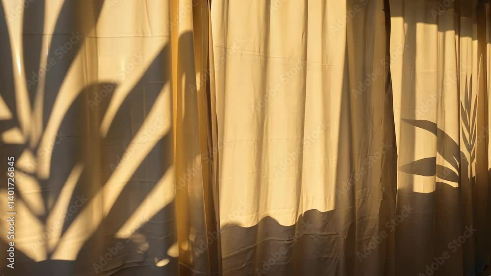 Poster sunlit fabric curtain with shadows of palm leaves creating an abstract pattern and warm, organic lig
