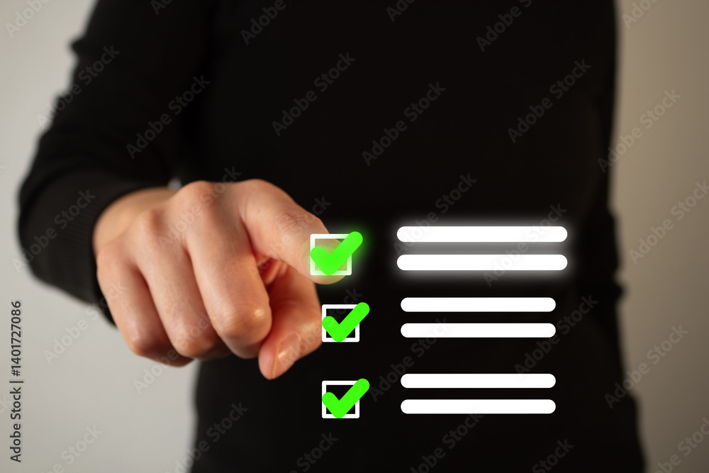 Poster close-up of a hand checking a checkbox on a transparent screen with a green numerical postmark and b