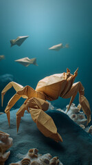 Fototapeta premium golden origami crab with sharp angular claws and articulated legs, perched atop a paper reef rock covered in folded barnacles and shells.