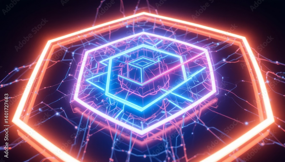 Aufkleber abstract neon geometric design with glowing hexagons and cube
