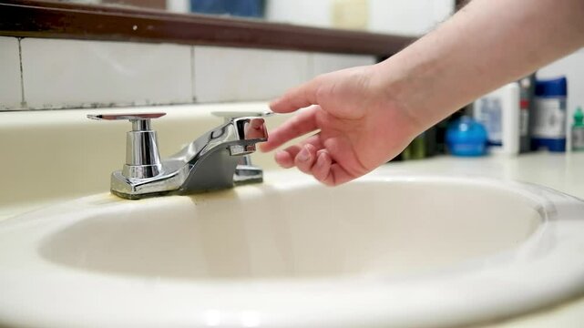 Water service of a bathroom sink is suspended, hands turning on the sink faucet, a topic of water savings and consumption