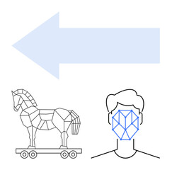 Geometric Trojan horse, facial ID outline, and directional arrow explore hacking, AI, and data security. Ideal for technology, malware, privacy AI ethics biometrics cybersecurity. Flat simple