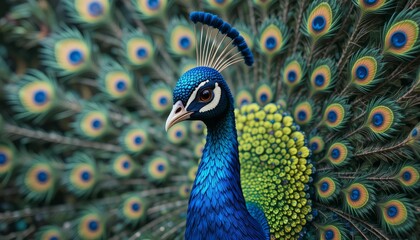 Obraz premium Closeup of a Blue and Green Peacock with Detailed Feathers