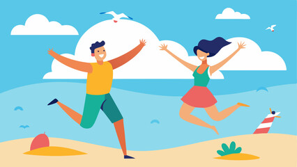 Joyful Jump The couple leaps into the air on the beach but their poses are exaggeratedly awkward. The man has one leg higher than the other while trying to catch a seagull and the