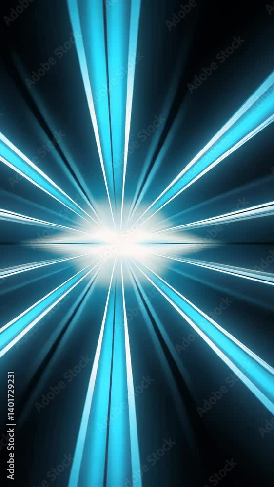 Poster futuristic tunnel with glowing blue light rays converging to a bright central point, creating a sens