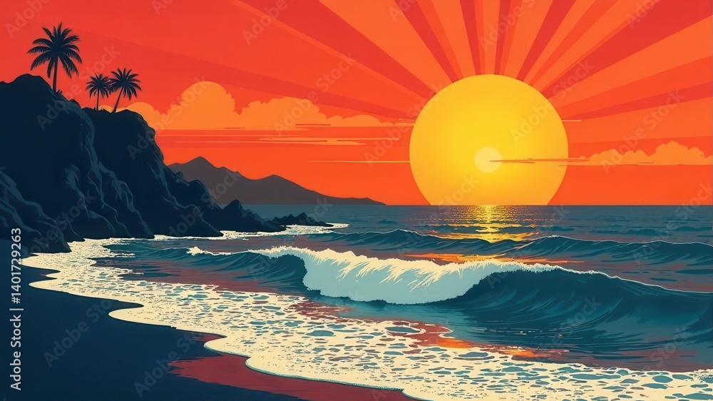 Poster as the sun sets on the horizon its golden rays reflect on the ocean's surface. palm trees stand tall
