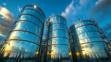 Three large, reflective, industrial storage tanks against a partly cloudy sky.