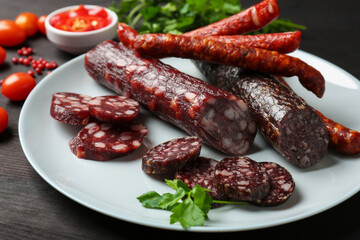 Different smoked sausages, cherry tomatoes and spices on dark wooden table, closeup