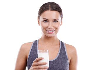 Portrait, woman and drink milk for nutrition benefits and diet with happiness in white background...