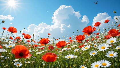 Fototapeta premium Beautiful Field of Red Poppies and Daisies Under a Bright Blue Sky
