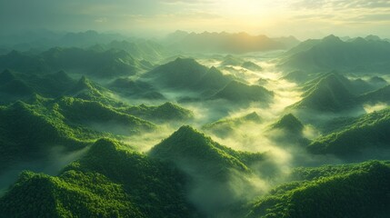 Misty Mountain Majesty: A Serene Sunrise over Lush Green Peaks