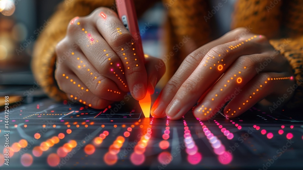Poster hands engage in a creative process illustrating digital connections and data flow with vibrant color